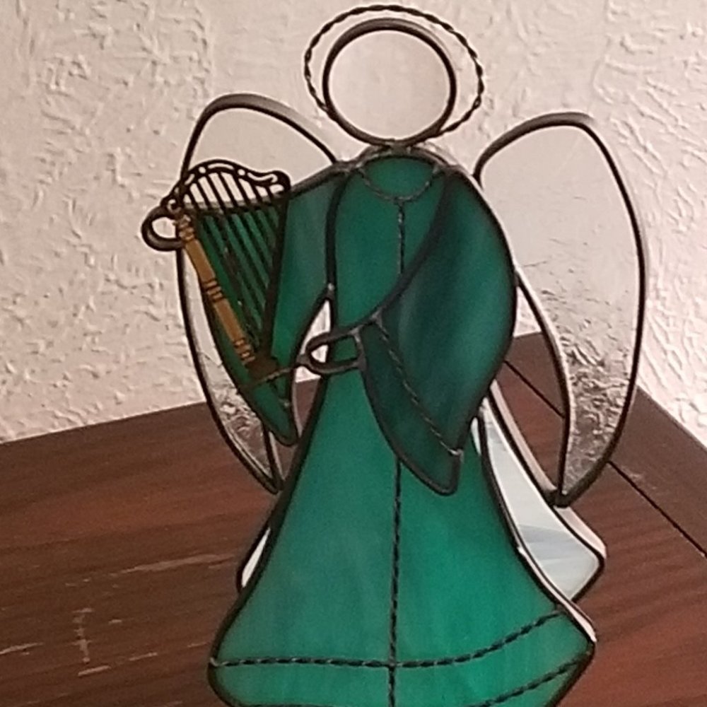 Green Stained Glass Angel With Harp